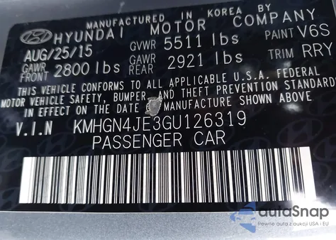 2016 Hyundai Genesis 3.8 z USA, uszkodzony, nr VIN KMHGN4JE3GU126319